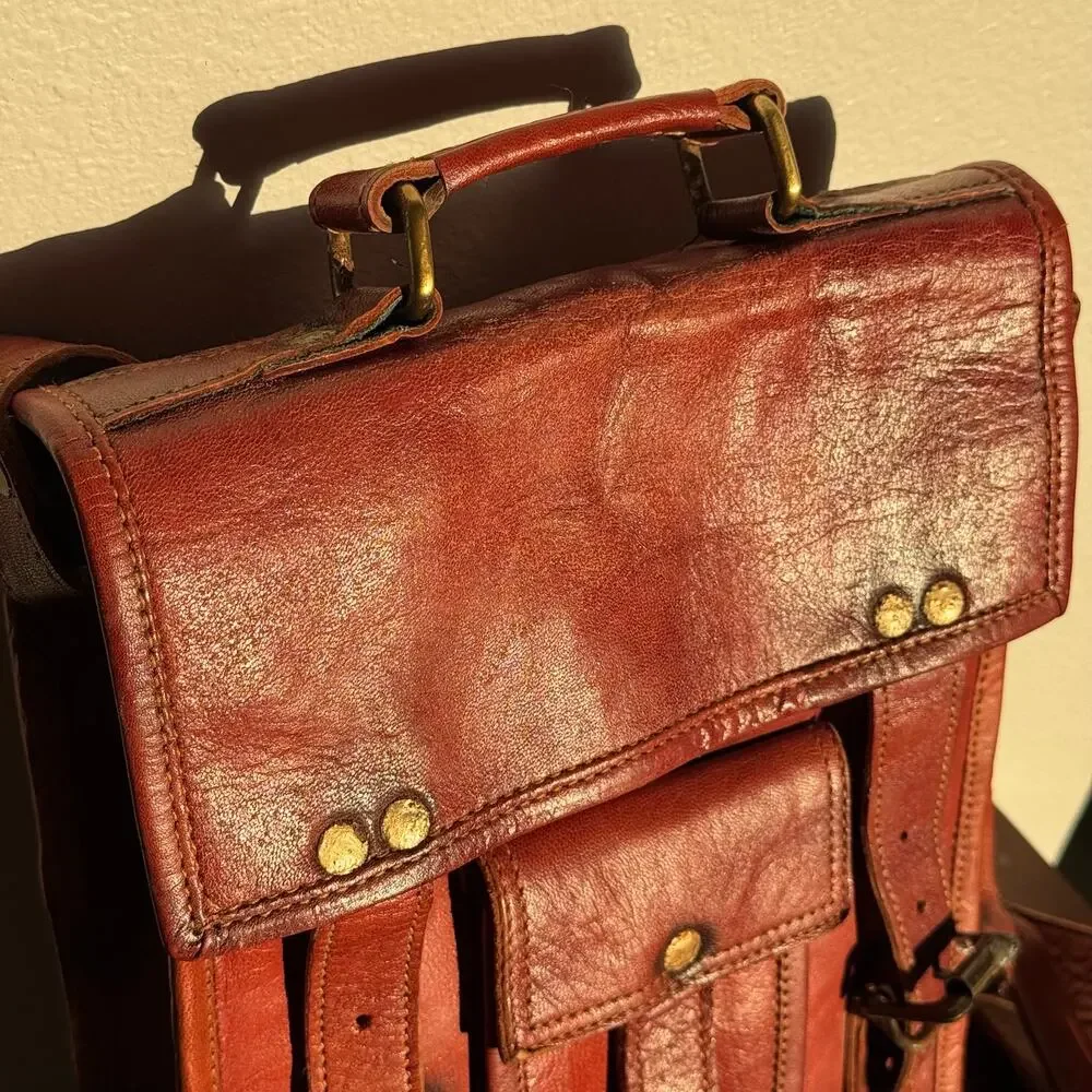 Vintage Genuine Leather Satchel Crossbody Bag Brown Rustic Distressed Messenger